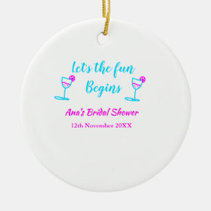 Blue pink vine glass bridal shower let's fun begin ceramic ornament