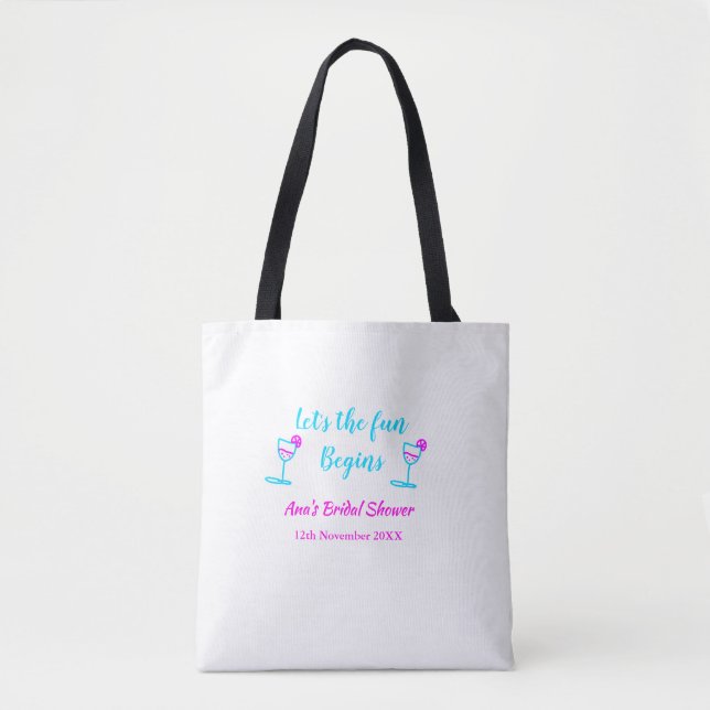 Blue pink vine glass bridal shower let's fun begin tote bag (Front)