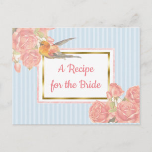 Blue PInk Vintage Bird Floral Wedding Recipe Card