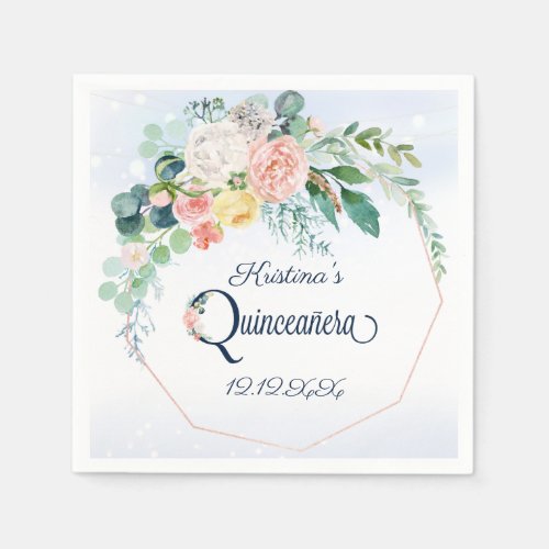 Blue Pink Vintage Floral Quinceanera Birthday Napkins