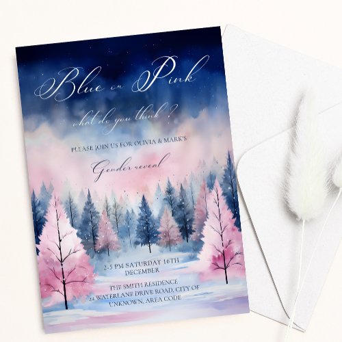 Blue Pink Watercolor Christmas Tree Gender Reveal Invitation