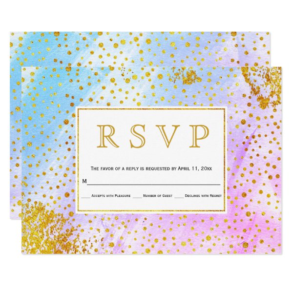 Blue, pink watercolor confetti specks wedding RSVP