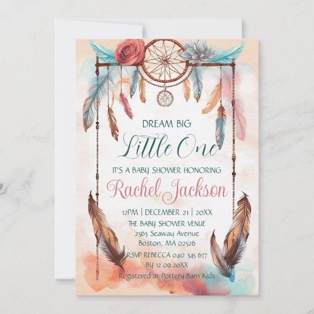 Blue Pink Watercolor Dreamcatcher Baby Shower Idea Invitation (Front)