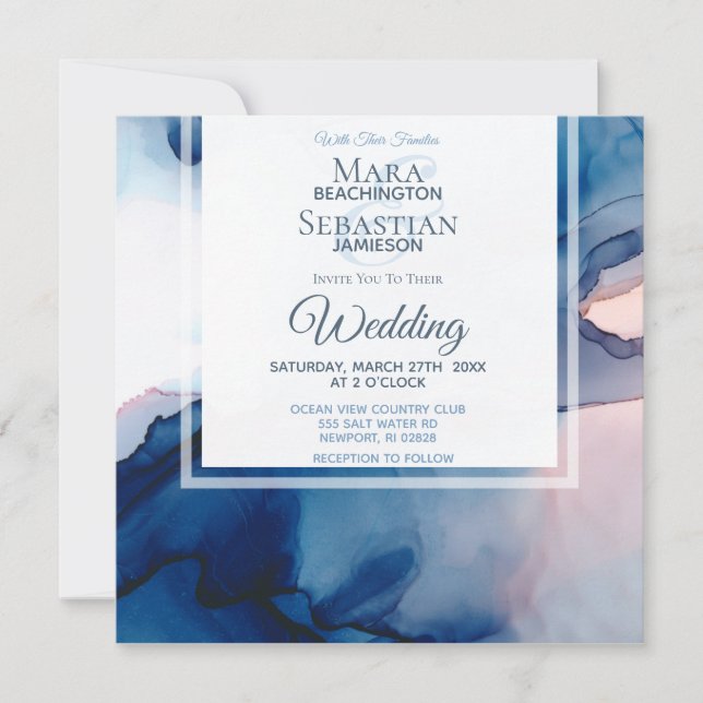 ~ Blue & Pink Watercolor Elegant Trendy Wedding Invitation (Front)
