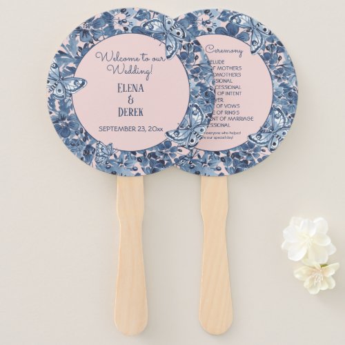 Blue  Pink Watercolor Floral Butterfly Wedding Hand Fan