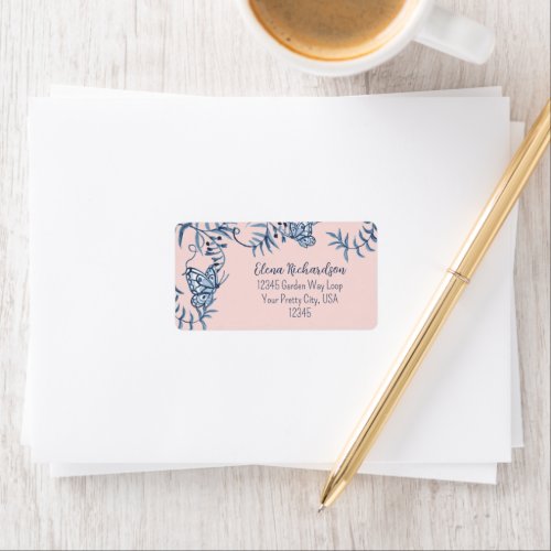 Blue  Pink Watercolor Floral Butterfly Wedding Label