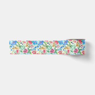Blue Pink Watercolor Floral Garden Colorful Blooms Satin Ribbon