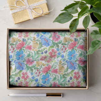 Blue Pink Watercolor Floral Garden Colorful Blooms Tissue Paper