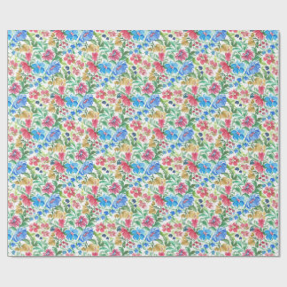 Blue Pink Watercolor Floral Garden Colorful Blooms Wrapping Paper