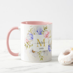 Blue & Pink Watercolor Floral Monogram Mug