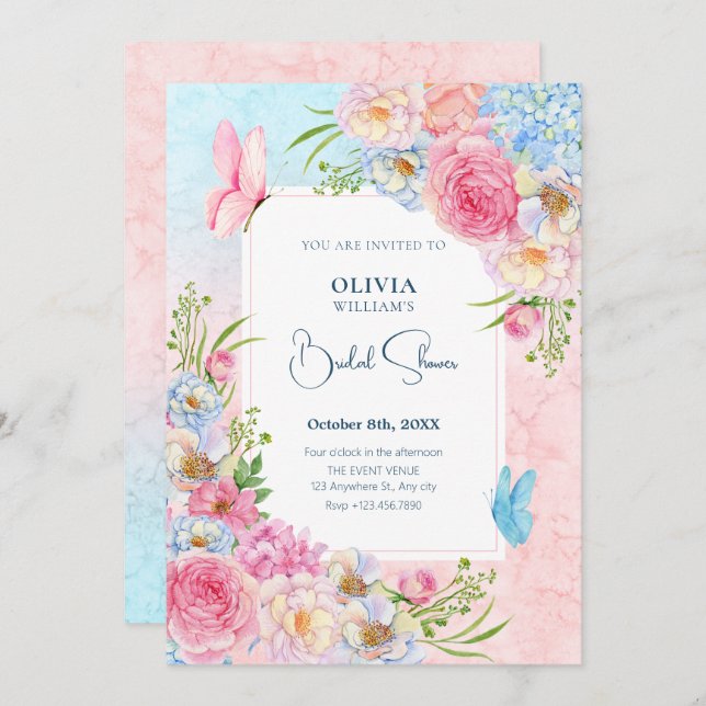 Blue pink watercolor flowers bridal shower shower invitation (Front/Back)