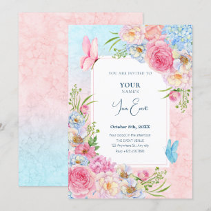 Blue pink watercolor flowers invitation