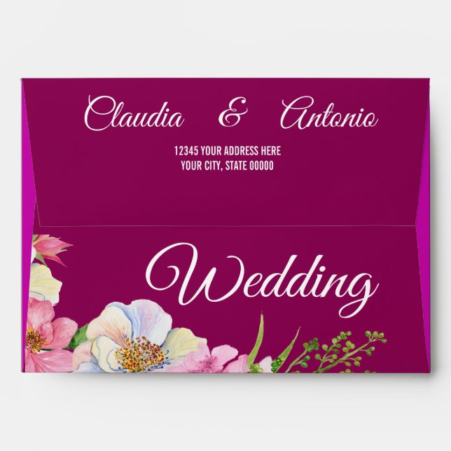 Blue Pink Watercolor Flowers Wedding  Envelope (Back (Top Flap))