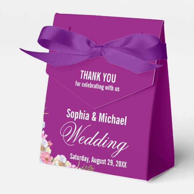 Blue Pink Watercolor Flowers Wedding  Favor Boxes (Front Side)
