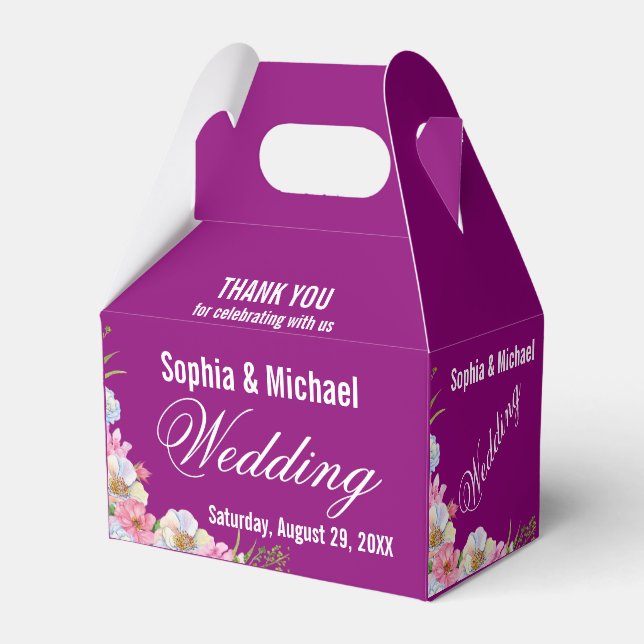 Blue Pink Watercolor Flowers Wedding  Favor Boxes (Front Side)