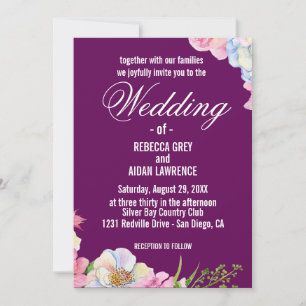 Blue Pink Watercolor Flowers Wedding Invitation