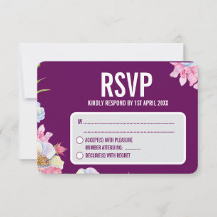 Blue Pink Watercolor Flowers Wedding  RSVP Card