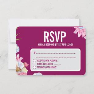 Blue Pink Watercolor Flowers Wedding RSVP Card