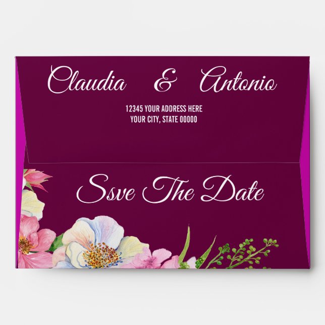 Blue Pink Watercolor Flowers Wedding Save The Date Envelope (Back (Top Flap))