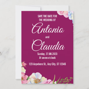 Blue Pink Watercolor Flowers Wedding Save The Date Invitation