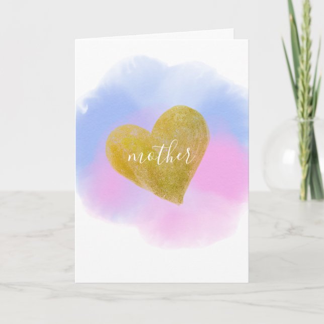 Blue Pink Watercolor Gold Heart Mother Mum Card (Front)