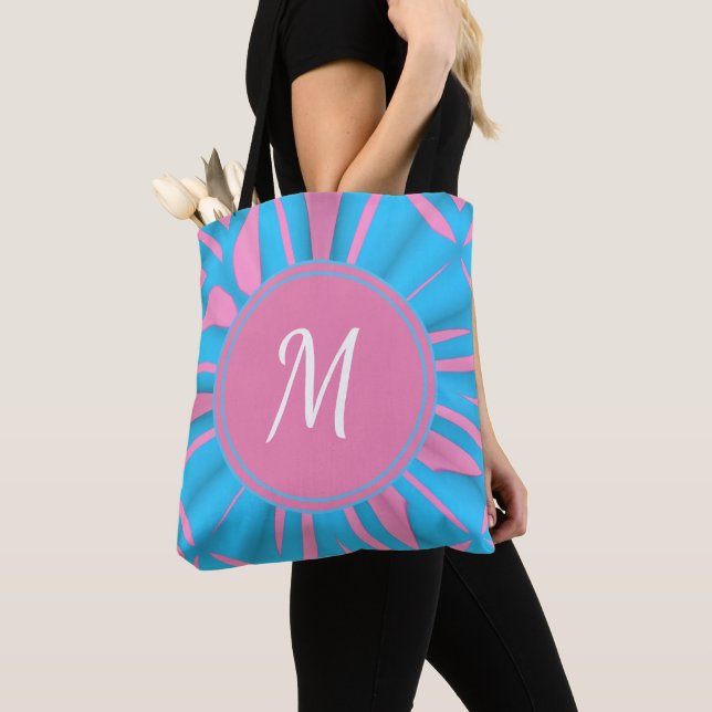 Blue Pink Watercolor Pattern Monogram Personalize Tote Bag (Close Up)