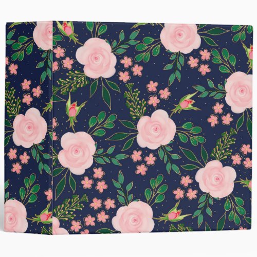 Blue Pink Watercolor Roses Gold Outline Design 3 Ring Binder