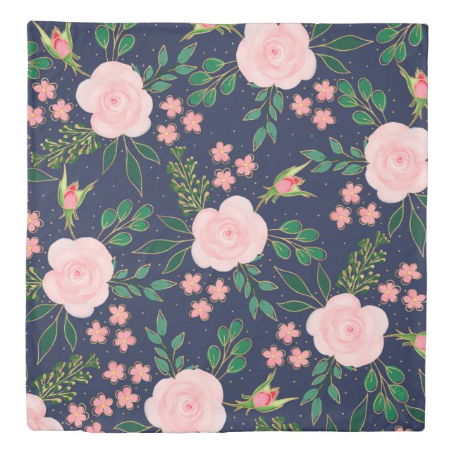 Blue Pink Watercolor Roses Gold Outline Design Duvet Cover (Front)