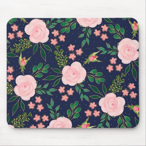 Blue Pink Watercolor Roses Gold Outline Design Mouse Pad