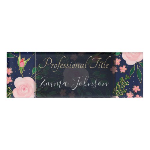 Blue Pink Watercolor Roses Gold Outline Design Name Tag