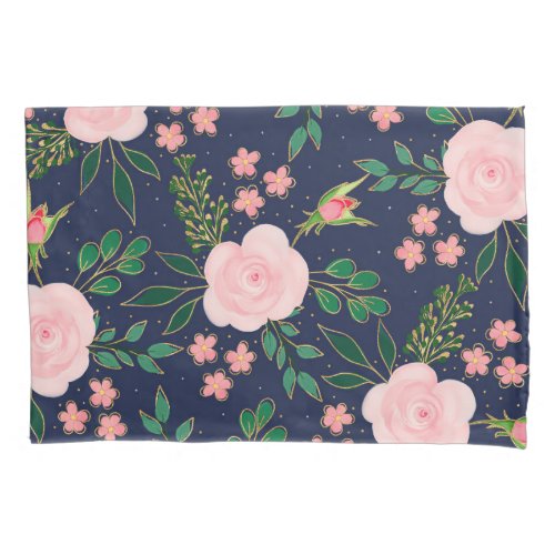 Blue Pink Watercolor Roses Gold Outline Design Pillow Case