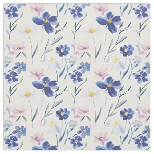Blue & Pink Watercolor Wildflower Seamless Pattern Fabric