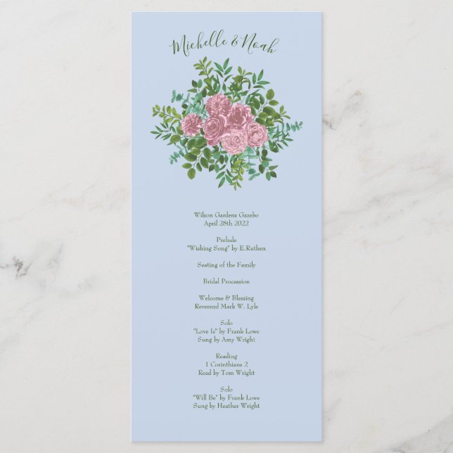 Blue & Pink Wedding Pastel Floral Spring Menu (Front)