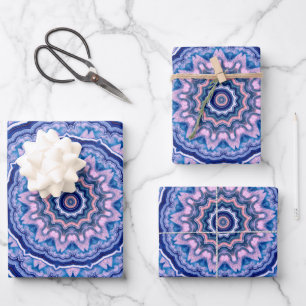 Blue Pink White Agate Boho Mandala Pattern Wrapping Paper Sheets
