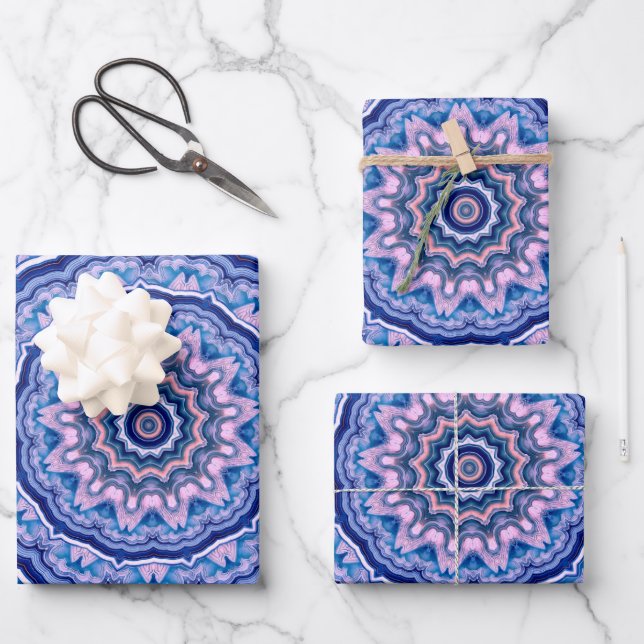 Blue Pink White Agate Boho Mandala Pattern Wrapping Paper Sheets (Front)
