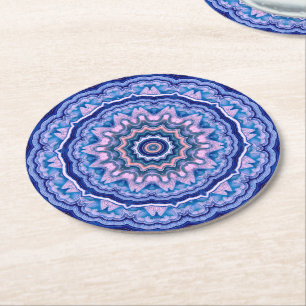 Blue Pink White Agate Boho Mandala Round Paper Coaster