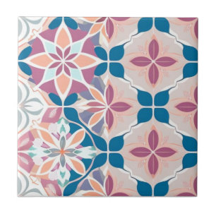 Blue, pink, white and beige floral ceramic tile