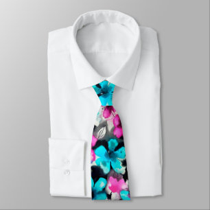 Blue Pink White Black Watercolor Flowers Neck Tie