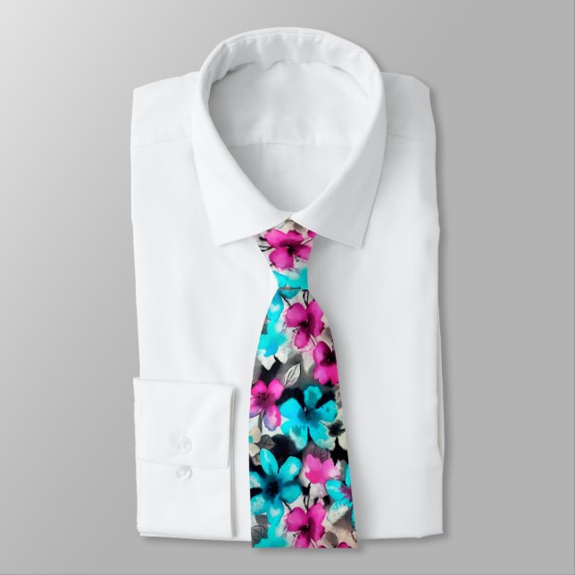 Blue Pink White Black Watercolor Flowers  Neck Tie (Tied)