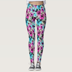 Blue Pink White Black Watercolor Flowers Pattern Leggings