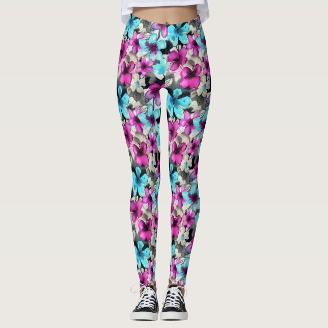 Blue Pink White Black Watercolor Flowers Pattern Leggings (Front)