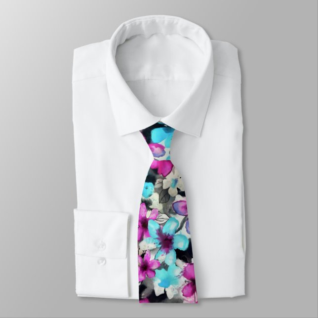 Blue Pink White Black Watercolor Flowers Pattern Neck Tie (Tied)