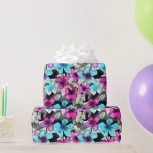 Blue Pink White Black Watercolor Flowers Pattern Wrapping Paper