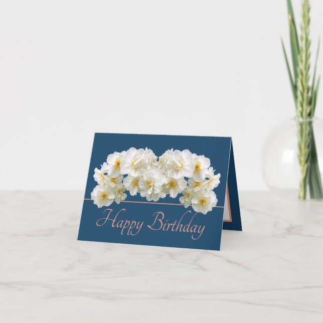 Blue Pink White Daffodil Bouquet Happy Birthday Card (Front)