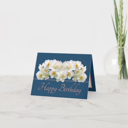 Blue Pink White Daffodil Bouquet Happy Birthday Card