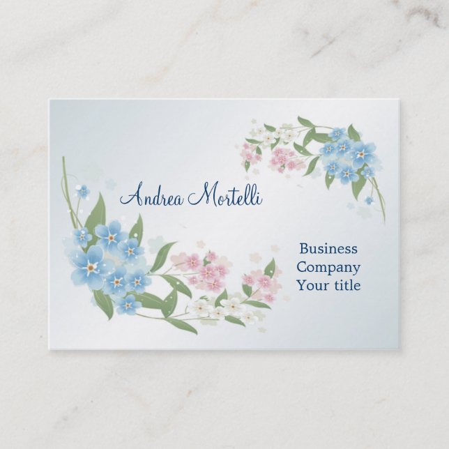 Blue, pink, white flowers blossom Business Card (Front)