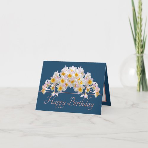 Blue Pink White Orchid Bouquet Happy Birthday Card