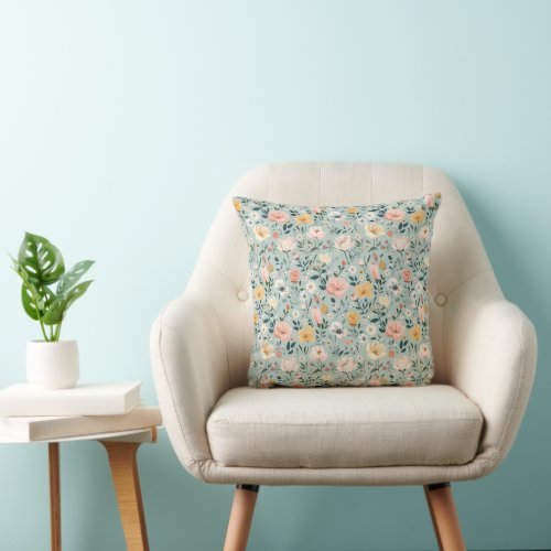 Blue Pink White Peach Floral Flowers Throw Pillow