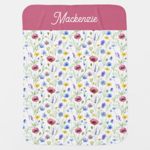 Blue Pink Wildflower Botanical Custom Name Baby Blanket