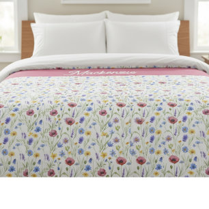Blue Pink Wildflower Botanical Custom Name Duvet Cover